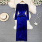 velvet dress v-neck long skirt     S4326