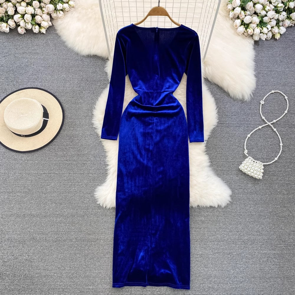 velvet dress v-neck long skirt     S4326