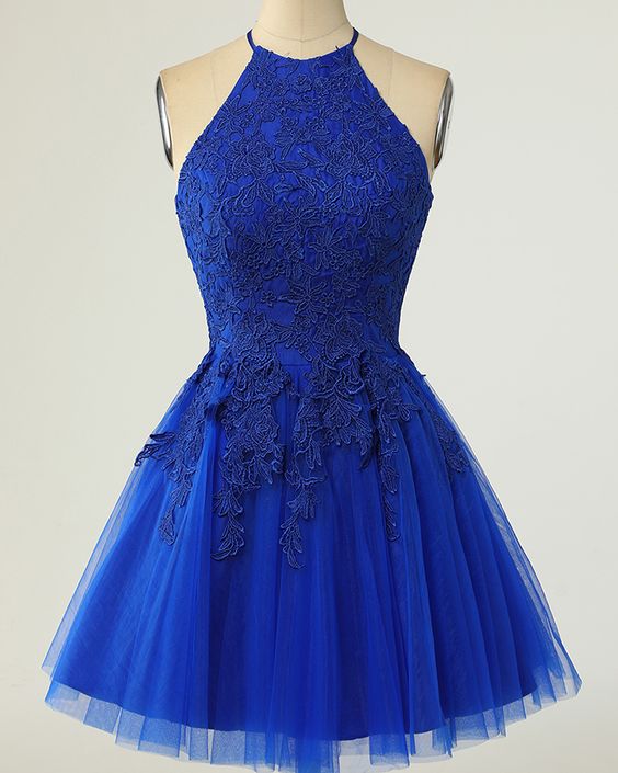 Blue Lace Applique Halter Tulle Homecoming Dress    S2782