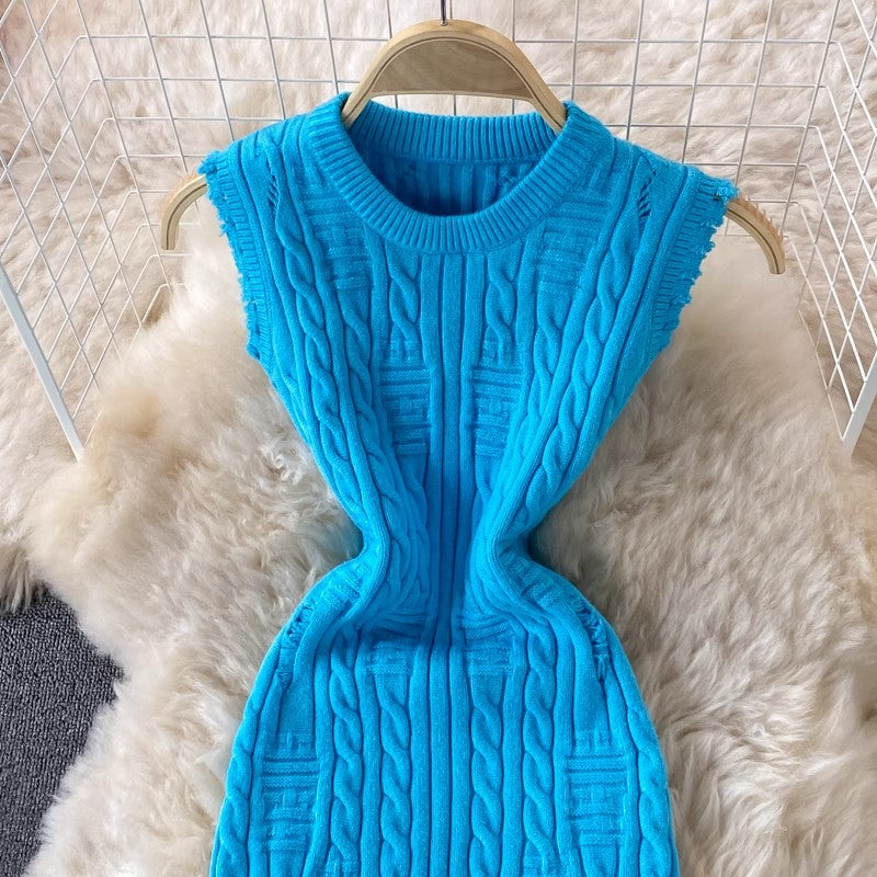 Irregular Sleeveless Vest Knitted Dress Round Neck  Sweater Skirt Women      S4302