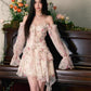 rose floral ribbon irregular hem long-sleeved dress    S3430