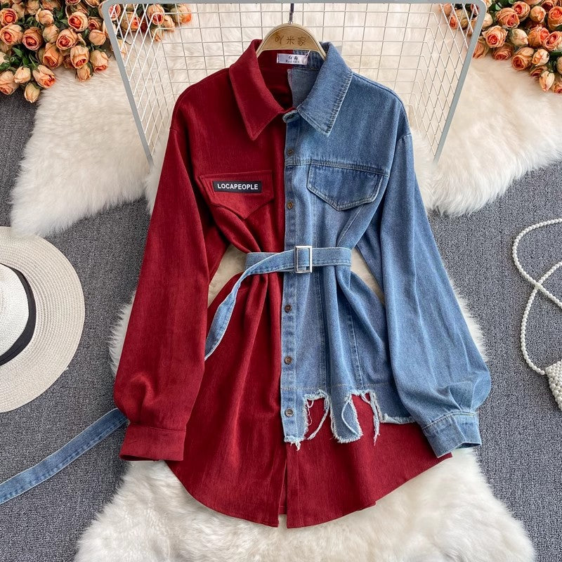 Denim new style irregular mid-length shirt     S3891