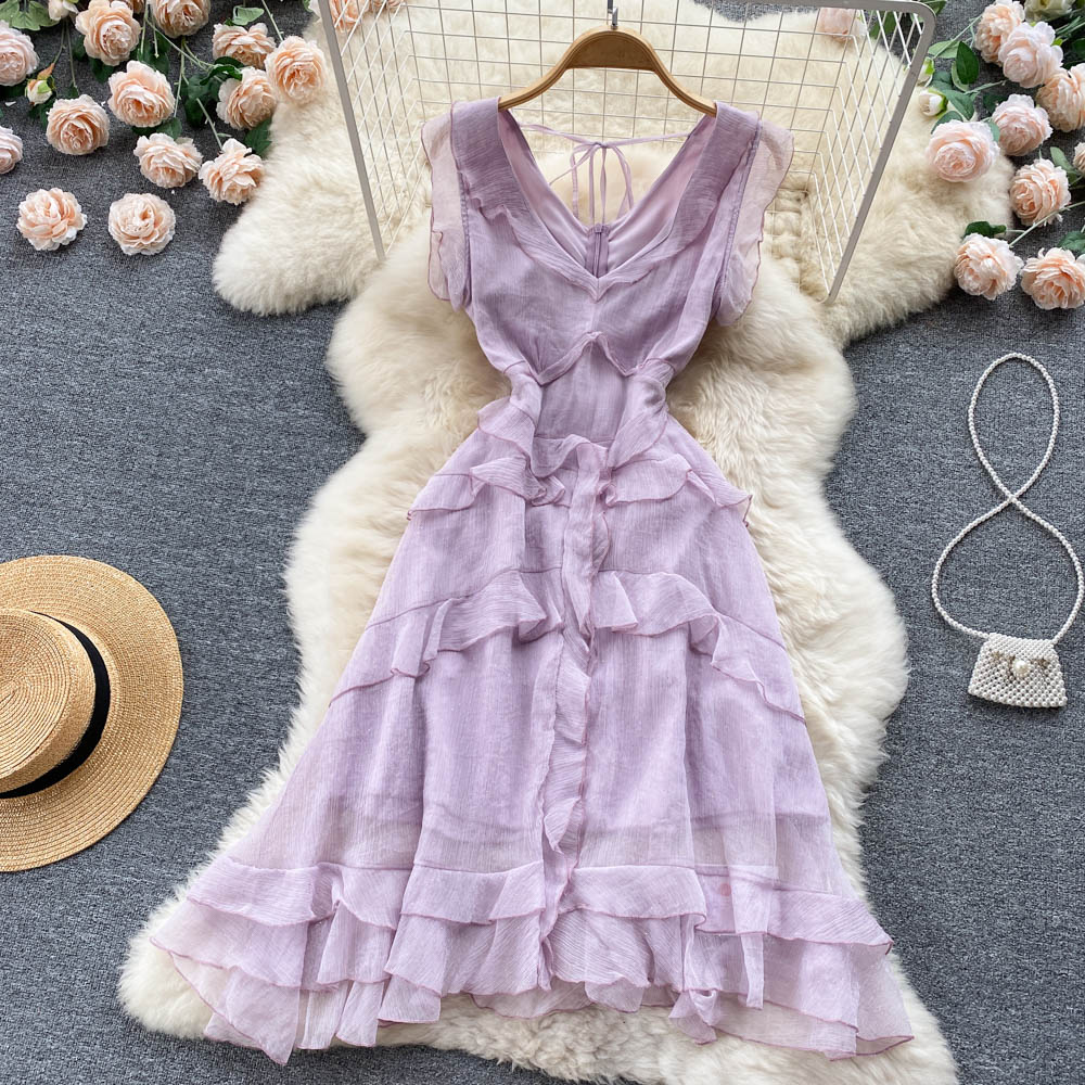 Purple V-neck Ruffled Cake Dress     S4470