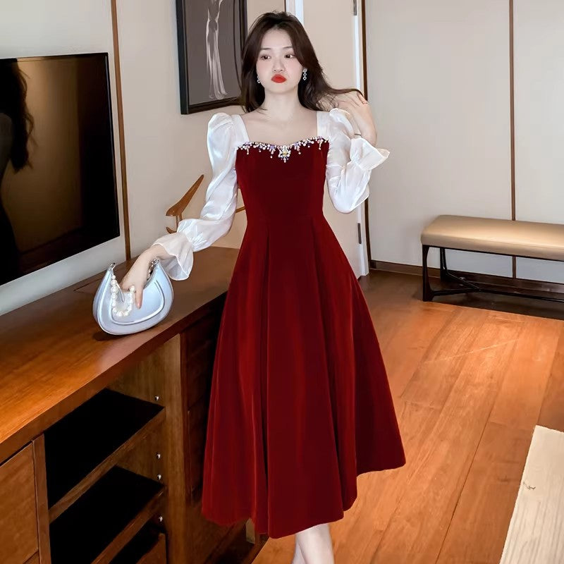 party burgundy long dress for women, evening dress for party    S3453