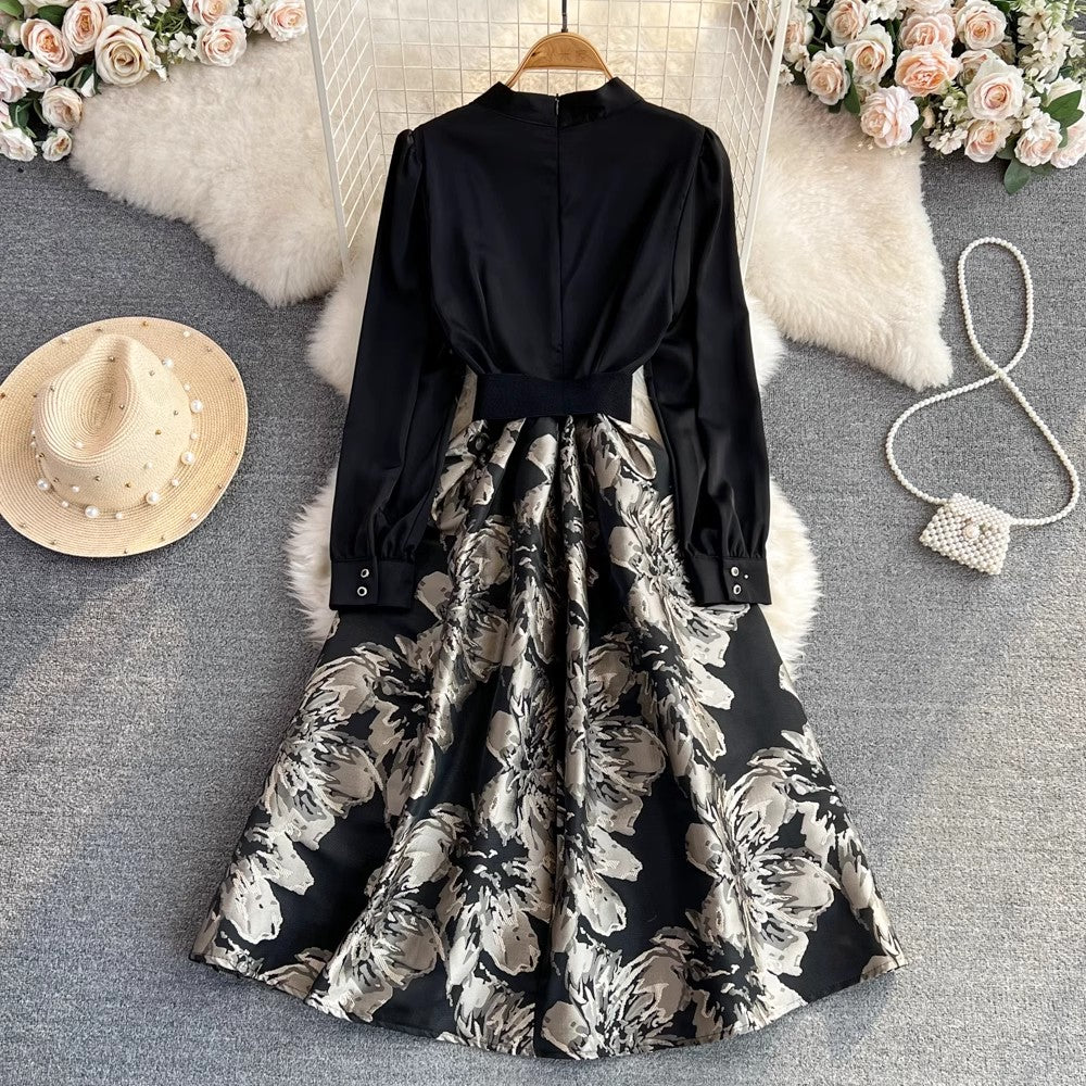 long-sleeved V-neck printed A-line dress elegant long skirt    S4146