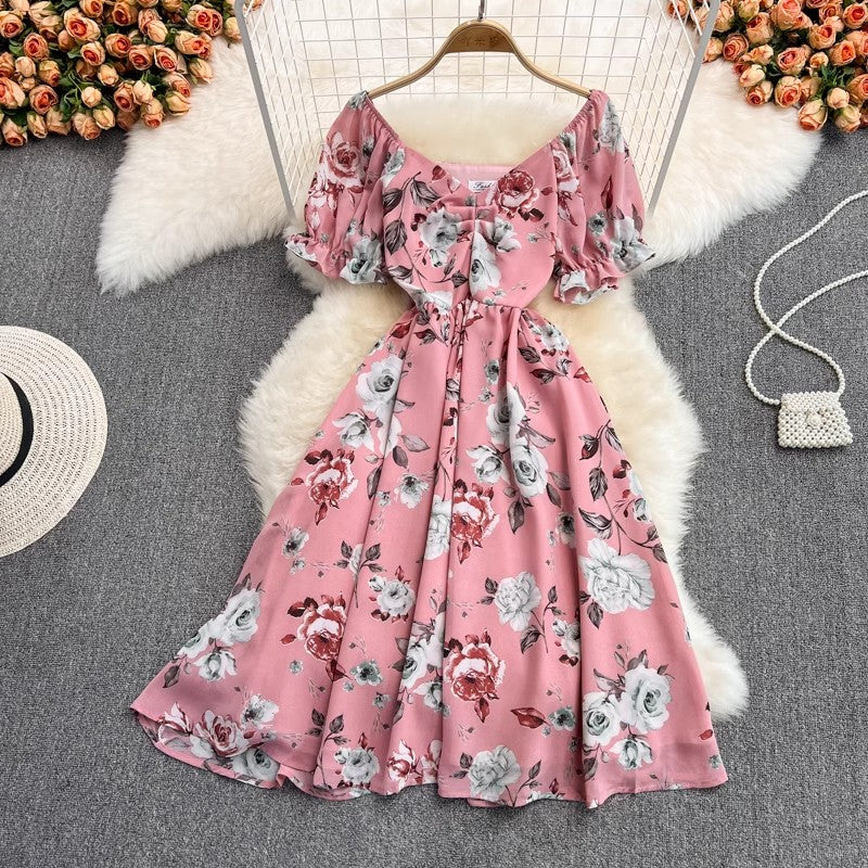 mid-length V-neck floral chiffon dress     S4430