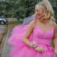 High Low Hot Pink Tiered Prom Dress with Spaghetti Straps,Elegant Graduation Dresses     S3358