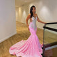 Pink Sequins V-Neck Beading Mermaid Prom Dress          S3746