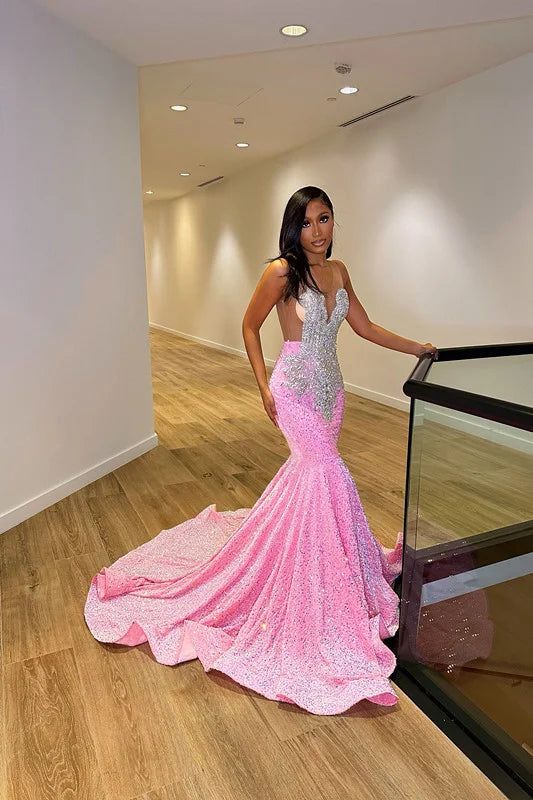 Pink Sequins V-Neck Beading Mermaid Prom Dress          S3746