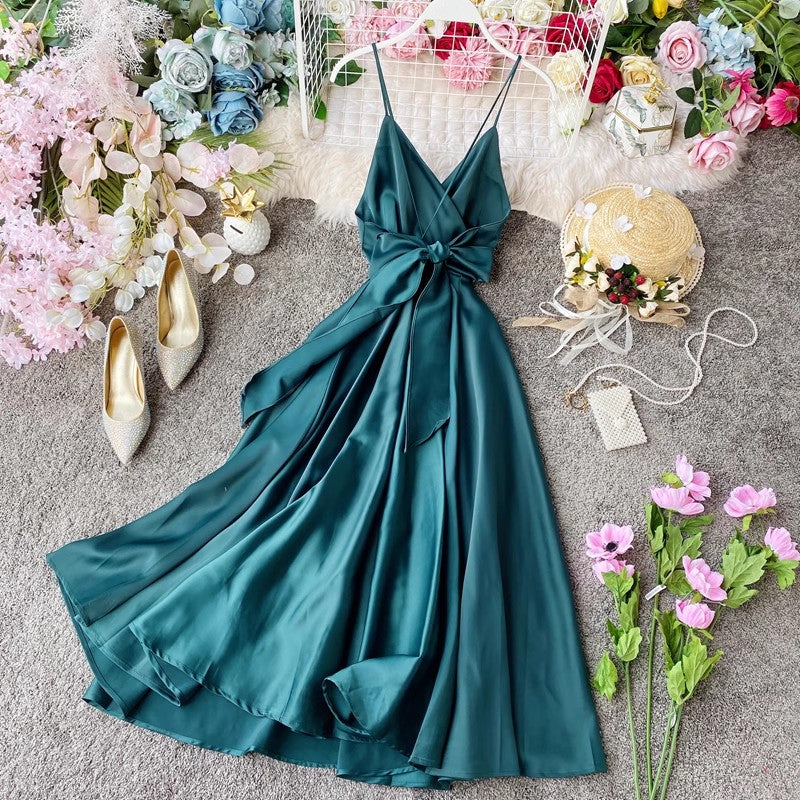 long dress with straps and backless solid color mid-length dress for women       S4201