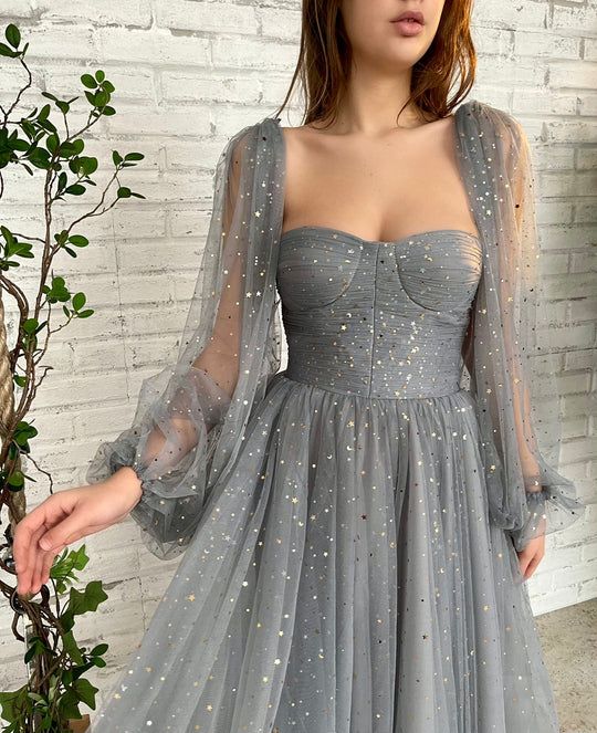 Grey Star Tulle Gown, Newest Prom Dresses, Party Dresses, Affordable Prom Dresses,       S2982