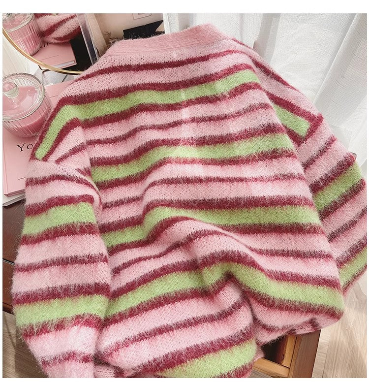 striped long-sleeved sweater jacket for women new soft knitted cardigan    S4919