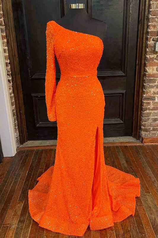 Orange Long Sleeve Sequined Prom Dress with Slit     S3774