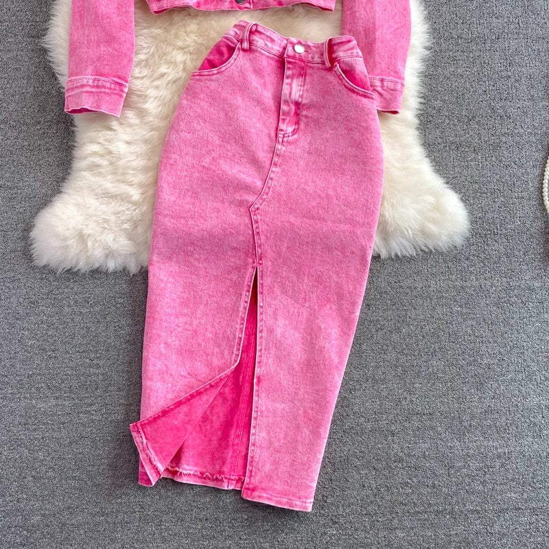 Pink denim jacket short women's jacket top two-piece suit mid-length skirt        S4220