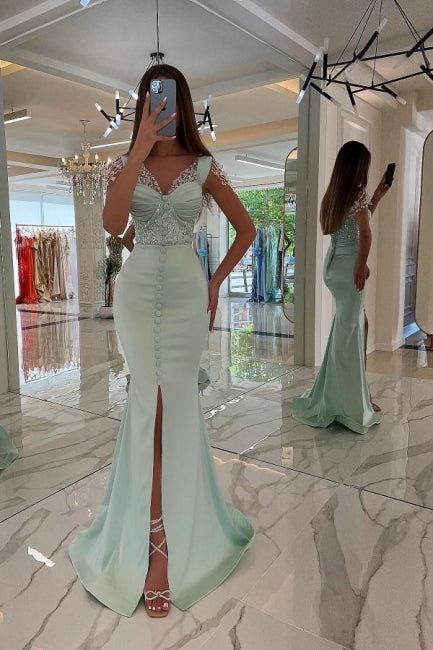 Chic Long Mint Green Straps Sequined Evening Dresses With Slit          S3679