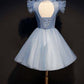 High Neck Short Blue Tulle and Lace Appliques Party Dress        S3289
