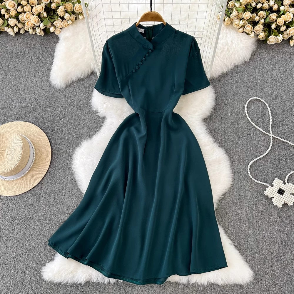 short-sleeved A-line dress elegant long skirt     S4328