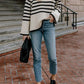 White Roll Neck Striped Ribbed Pullover Sweater     S2825
