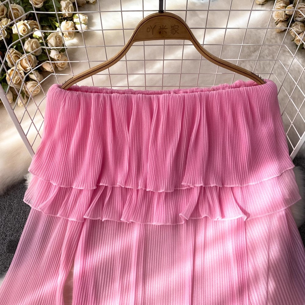 Fashionable design puff long-sleeved off-shoulder ruffle pleated chiffon women's casual top     S4210