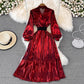 A-line long skirt with high waist and lantern sleeves V-neck metallic dress    S4135