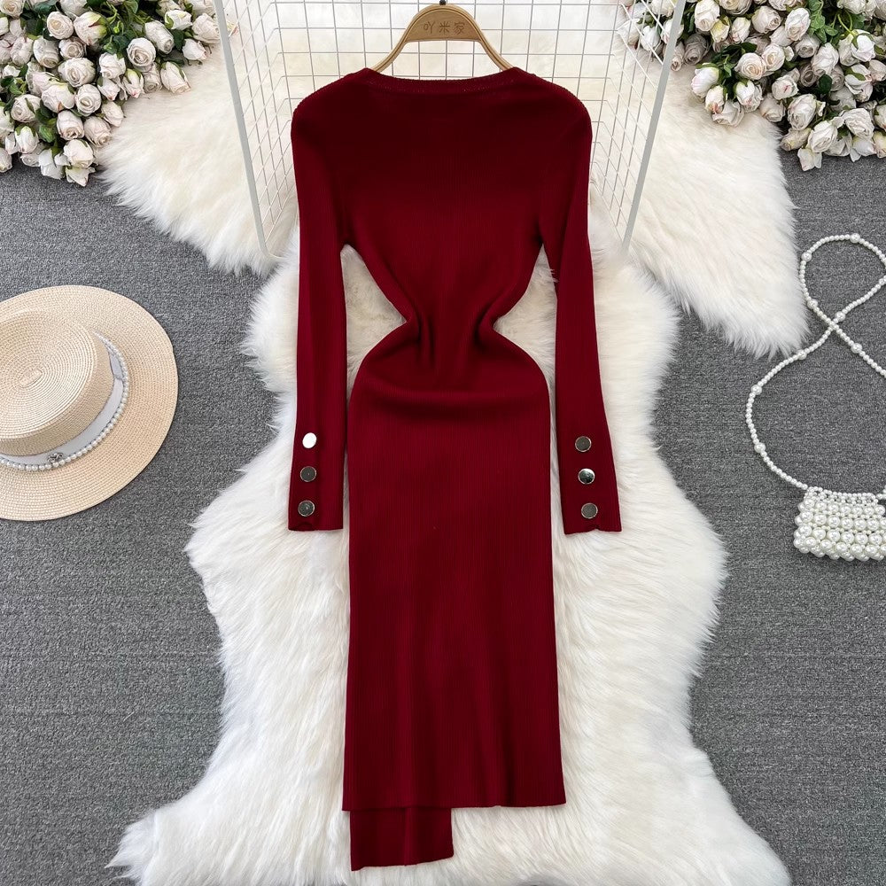 long-sleeved round neck mid-length irregular knitted dress      S4335