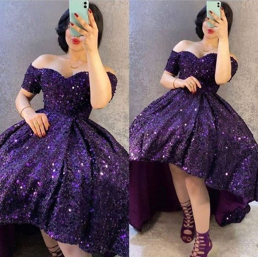 A line Purple High Low Off The Shoulder Sequin Prom Dress    S3670