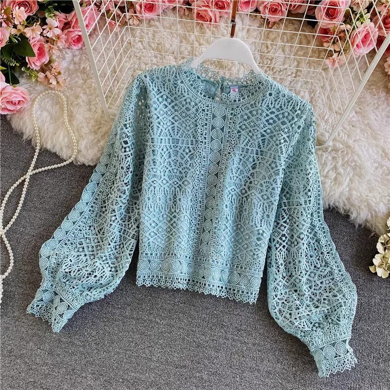 solid color long-sleeved top with lace for women     S4019