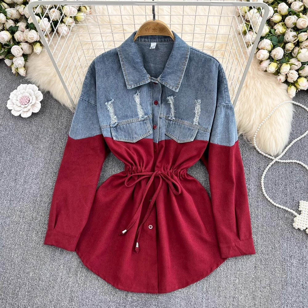 Denim shirt for women new design mid-length top long-sleeved shirt jacket      S4144