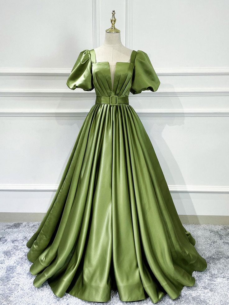 green satin long prom dress, green satin evening dress         S3541