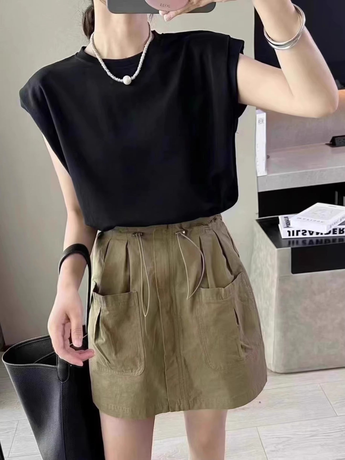 Women's Summer New Drawstring Elastic High Waist Big Pocket Skirt     S3414