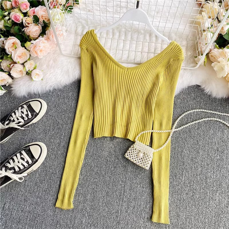 Sweater new v-neck long-sleeved t-shirt women's top      S4180