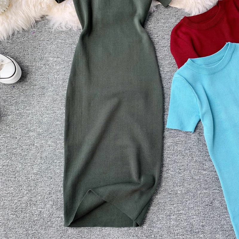 Short-sleeved solid color round neck elastic knitted tight skirt dress mid-length     S3947