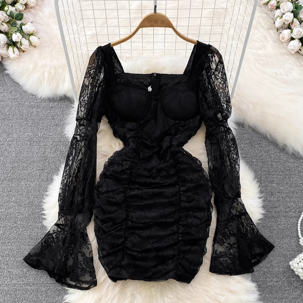 New Square Neck Flare Long Sleeve Lace Dress for Women    S4270