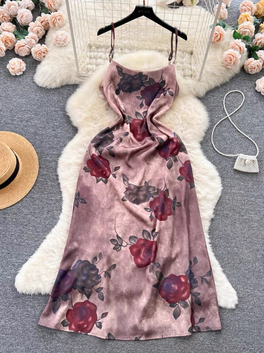 Romantic, Retro, Rose Print Halter Dress, Luxury Waist Long Dress     S4479