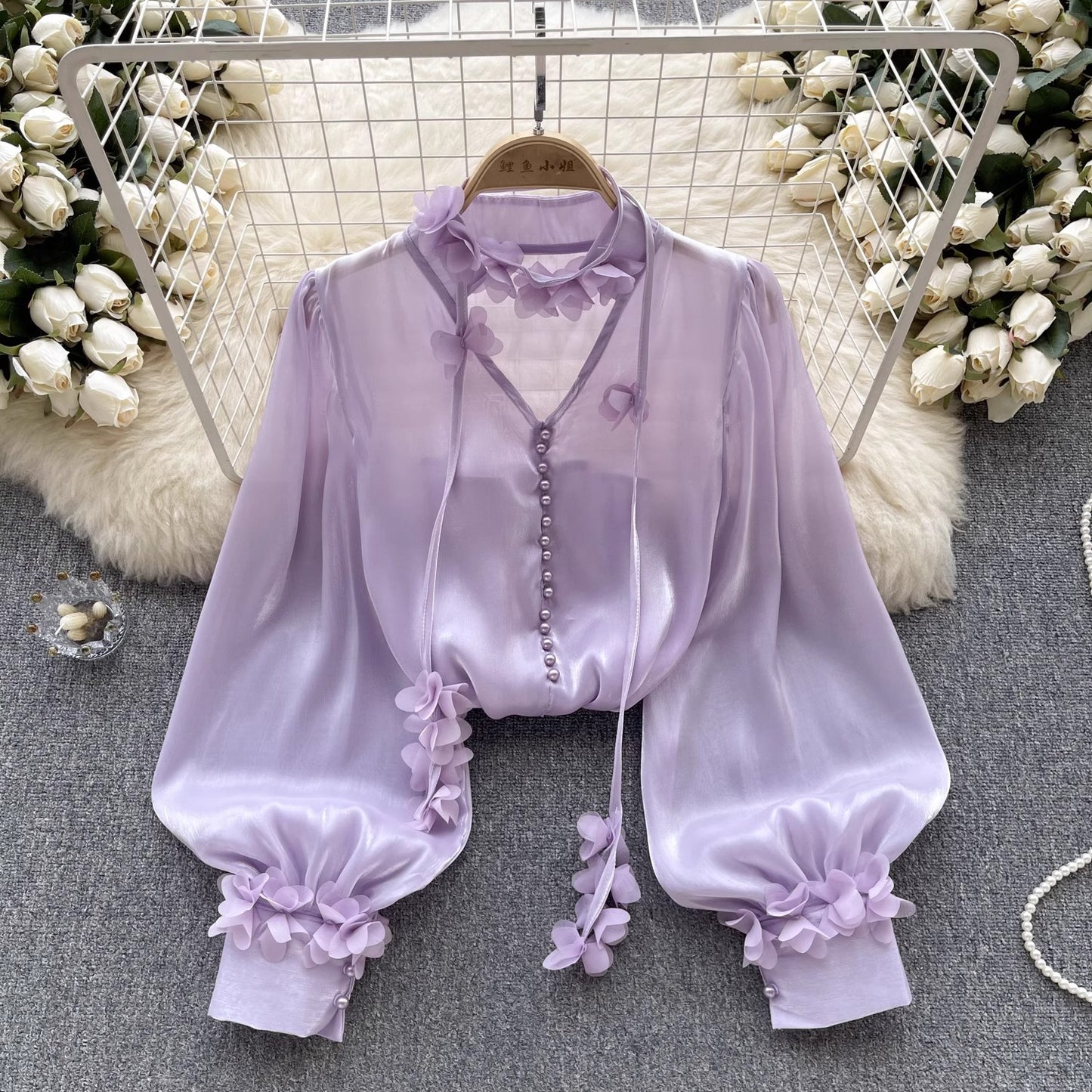 mesh shirt for women with ribbon long-sleeved design beautiful top trend     S4532