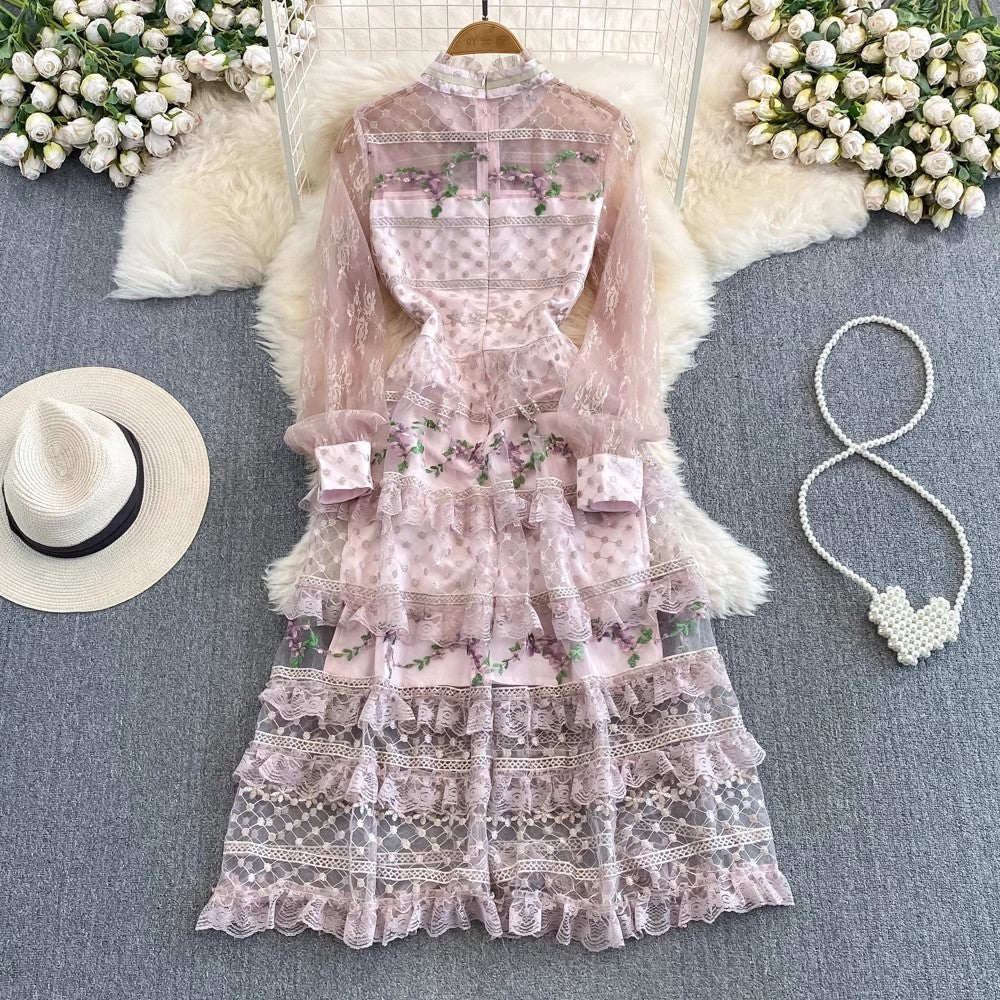 Fashionable long-sleeved A-line lace dress elegant long dress     S4403