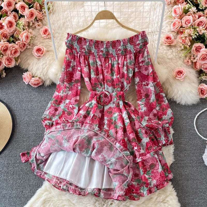 off-shoulder floral dress long-sleeved dress    S4292