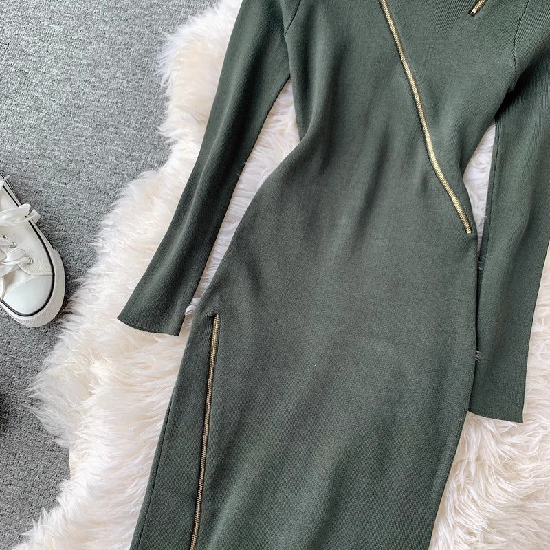 design knitted skirt round neck long sleeves irregular zipper solid color dress for women      S4237