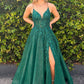 Dark Green V Neck Lace-Up Beaded Appliques Tulle Long Prom Dress with Slit    S3183