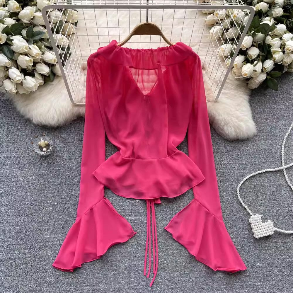 Designed irregular bell-sleeved chiffon shirt for women new style ruffled V-neck top trendy      S4601