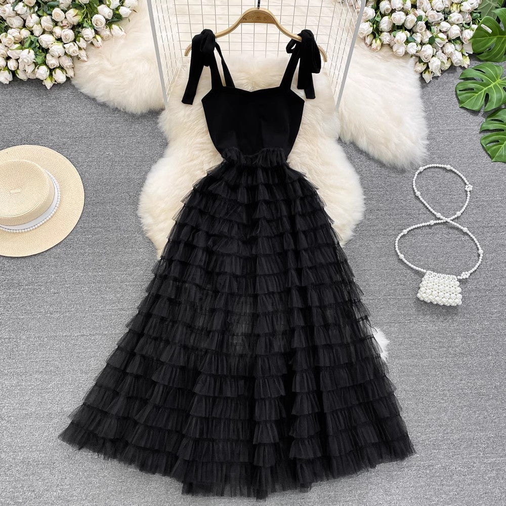 Stylish bow long suspender skirt A-line mesh cake dress     S4279