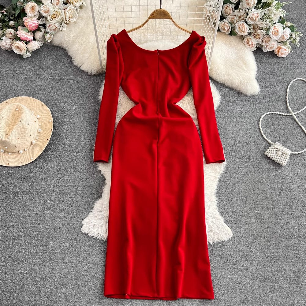 elegant long-sleeved square neck red dress elegant long skirt  S4251