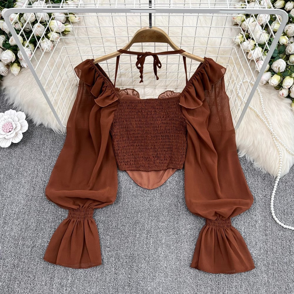 off-shoulder halterneck bell-sleeved shirt for women, fashionabl irregular short top    S4131