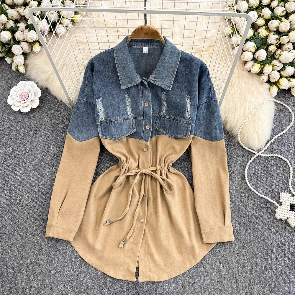 Denim shirt for women new design mid-length top long-sleeved shirt jacket      S4144