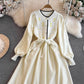 long-sleeved round neck embroidered knitted round neck mid-length a-line dress for women     S4339