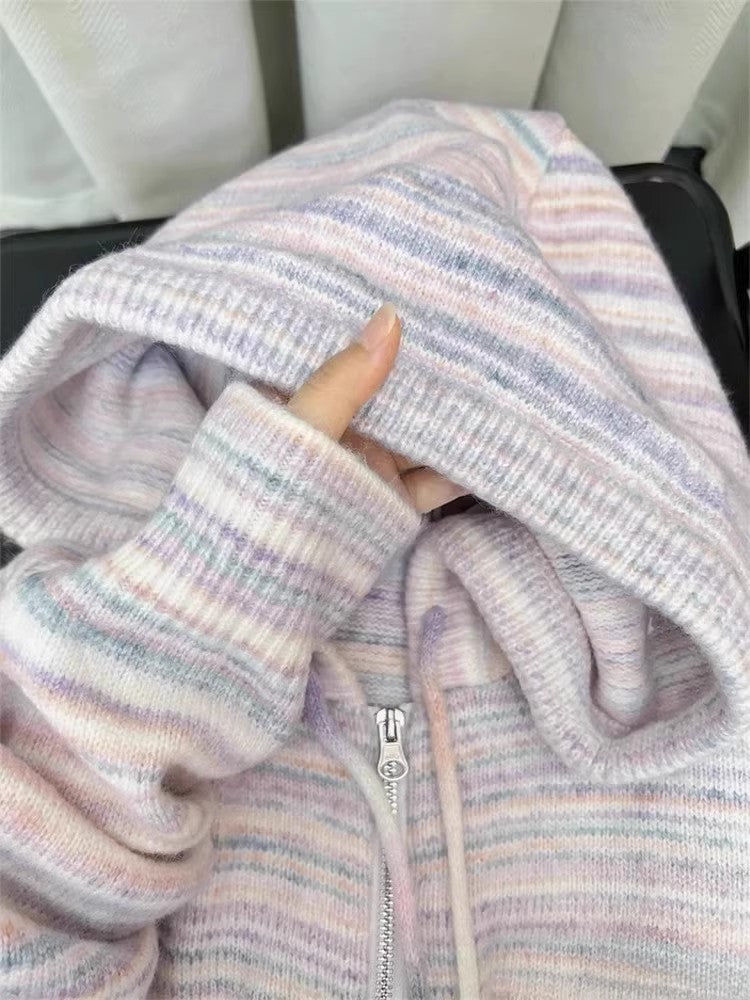 Rainbow striped knitted cardigan jacket women's hot style sweater    S3404