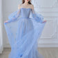 Blue Tulle Long Sleeve Prom Dress, A-Line Off the Shoulder Evening Dress      S3873