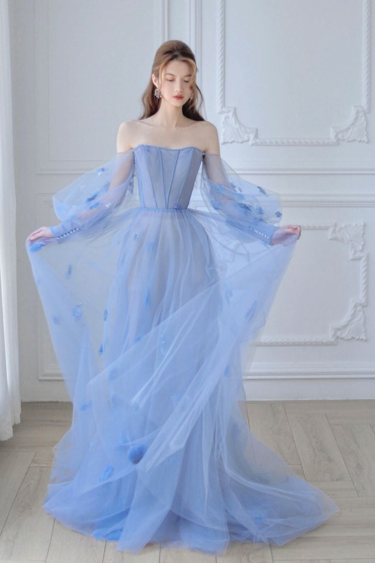 Blue Tulle Long Sleeve Prom Dress, A-Line Off the Shoulder Evening Dress      S3873