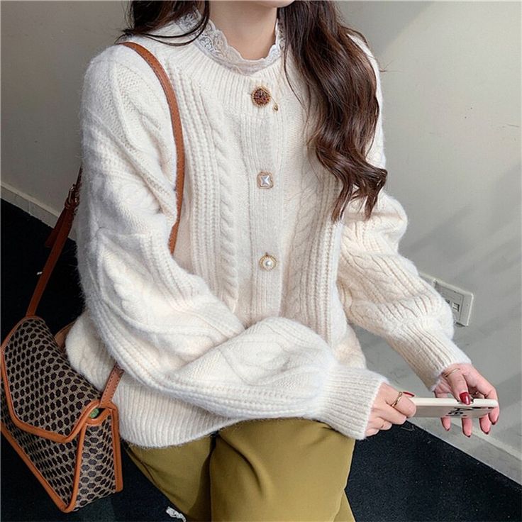 Vintage Women Cardigan Sweater 2023 Sweet Autumn Winter Fashion O-Neck Elegaht Long Sleeve Casual Loose Warm Knitted Sweaters     S2775