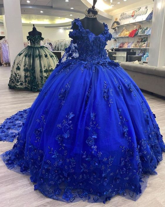 Royal Blue A-Line Ball Gown Long Prom Dresses, Blue Evening Dresses      S3354